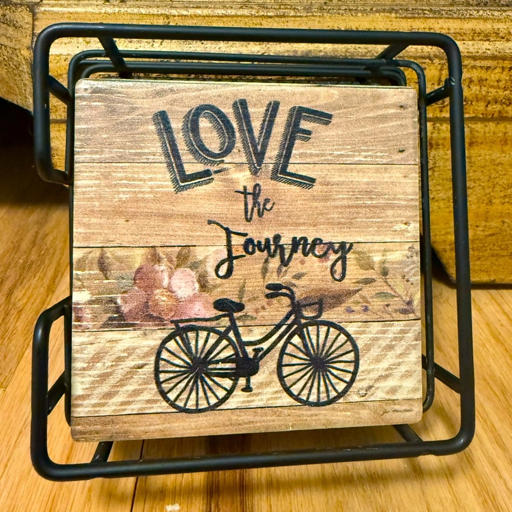 NWOT THIRSTYSTONE “Love the Journey” Set of 4 Cork Back Coasters (4x4) and Rack
